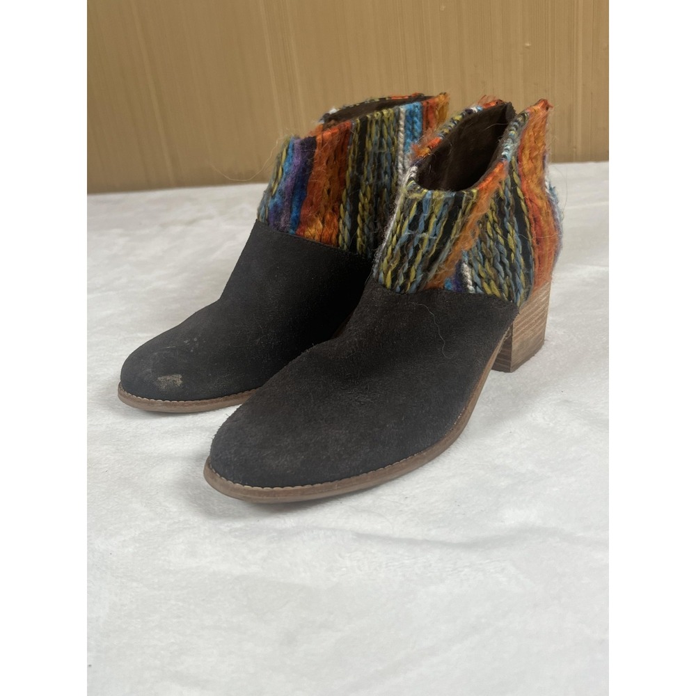 TOMS Booties Womens Size 8.5 Black Suede‎ Multicolor Knit Ankle Block Heel Boho